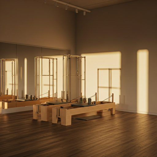 A serene Pilates studio bathed in soft sunset light